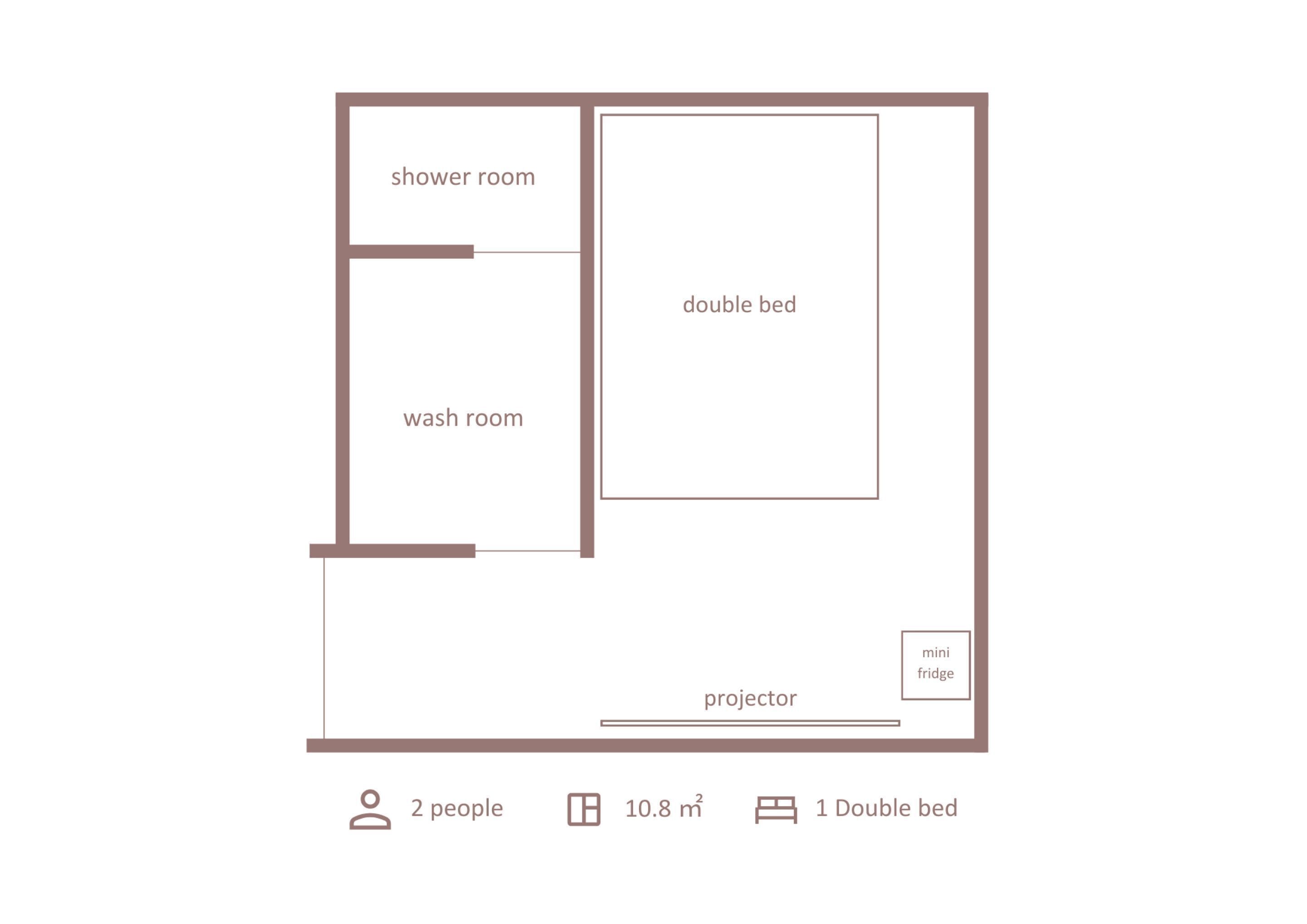 A room layout with a shower room, wash room, double bed, mini fridge, and projector.