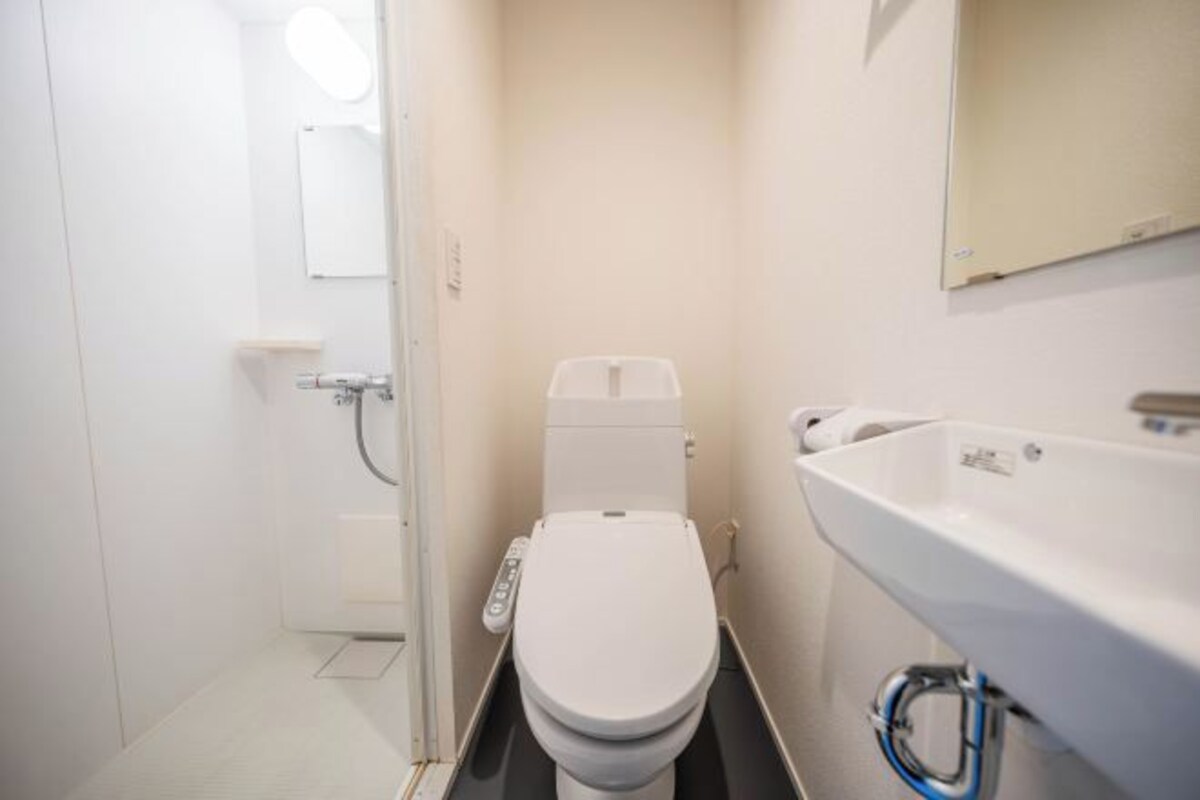 A small, modern bathroom with a toilet, sink, and mirror.
