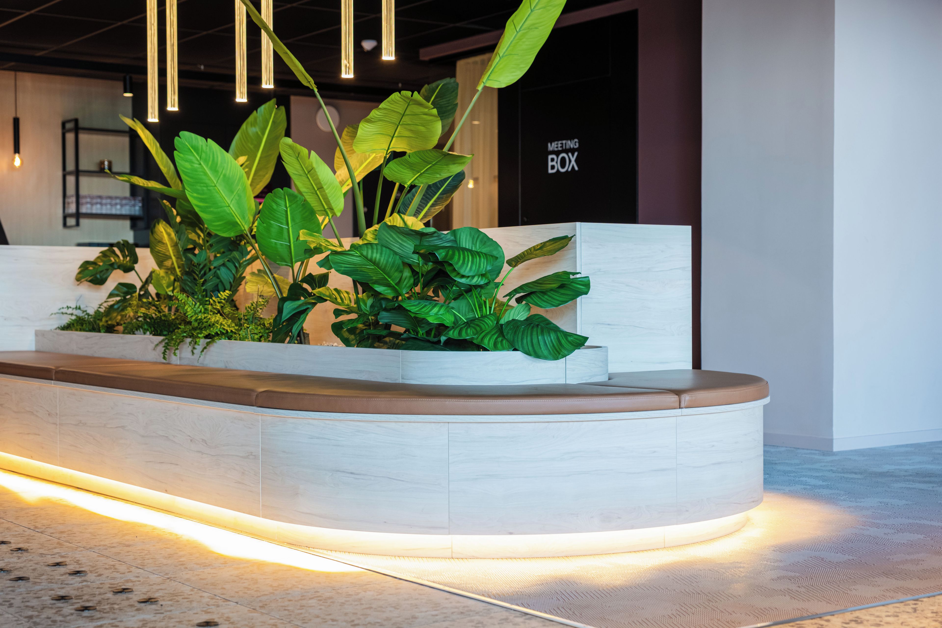 A reception desk with a curved design, a planter with green foliage, and a sign that reads 'MEETING BOX'.