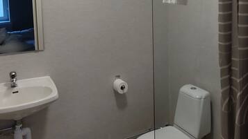 Une salle de bain équipée d’un lavabo, de toilettes et d’un rideau de douche.