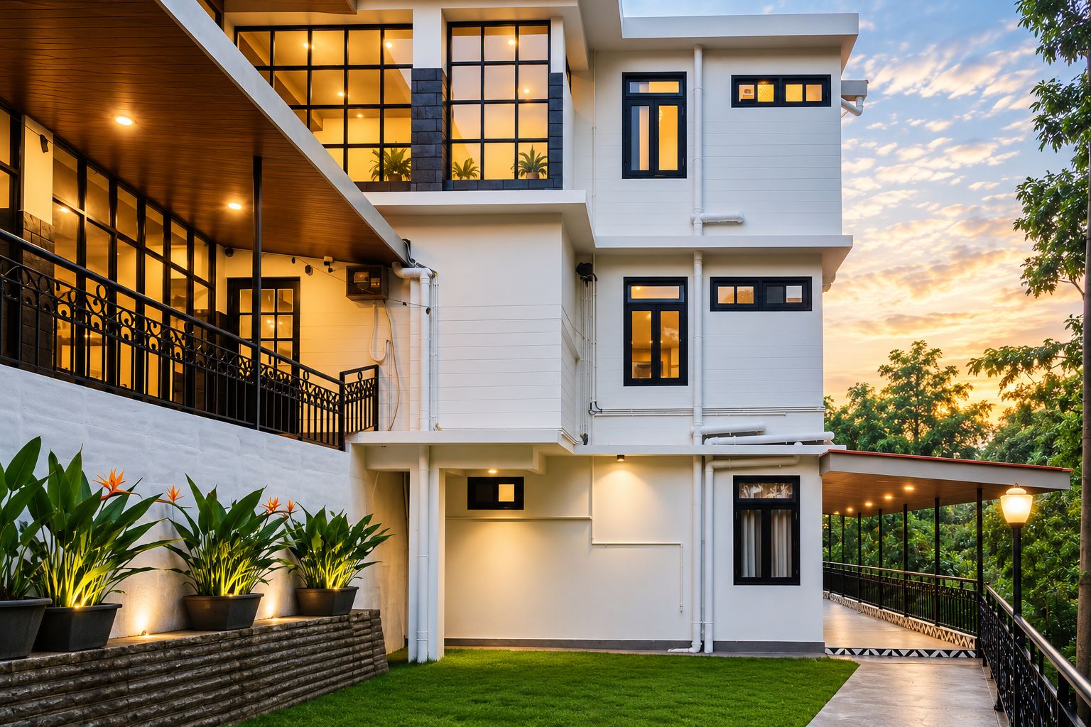 A multi-story building with a balcony, potted plants, and a well-lit entrance.