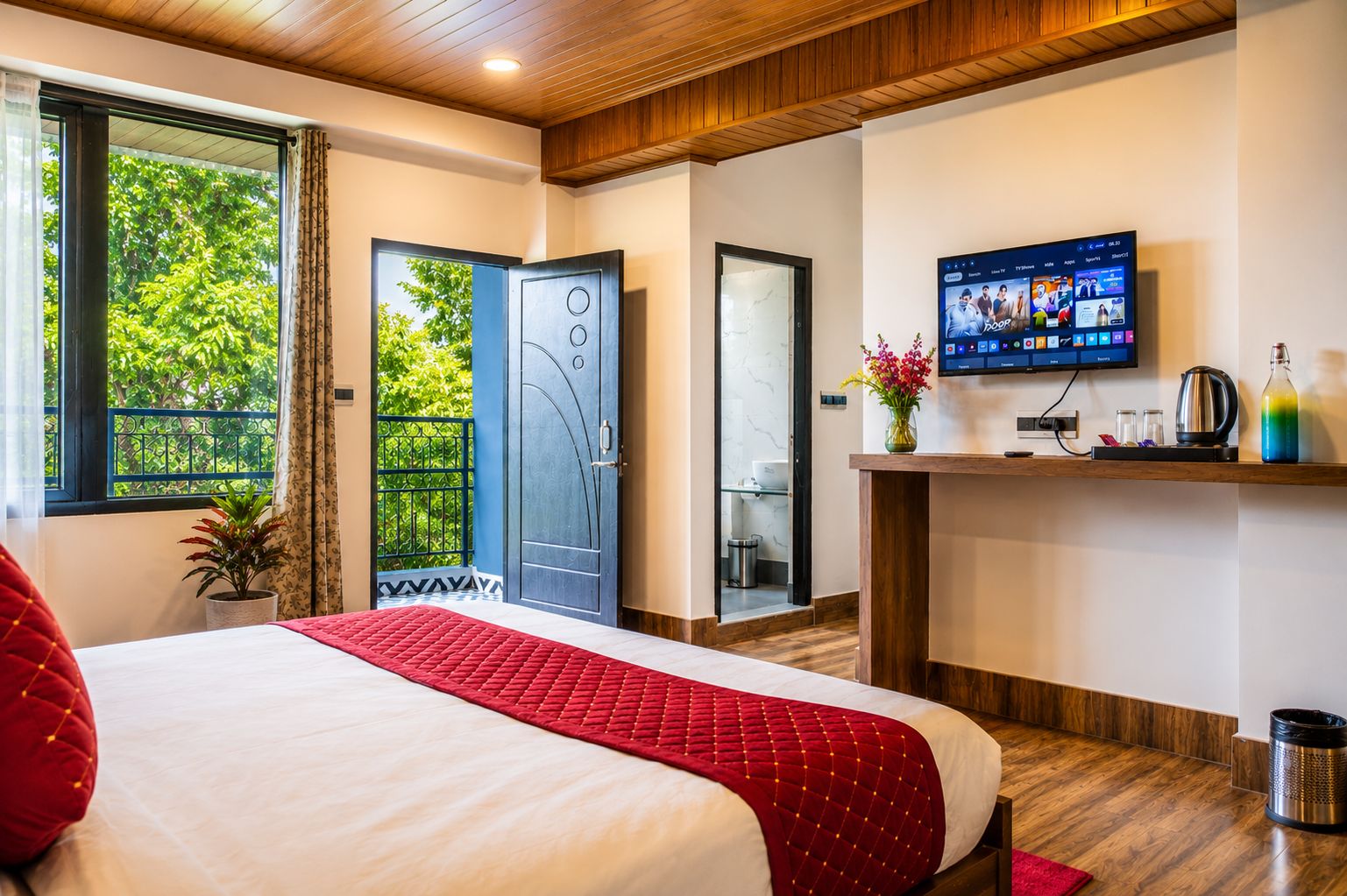 A hotel room with a bed, a TV, a small shelf with items, and a balcony with a view of greenery.