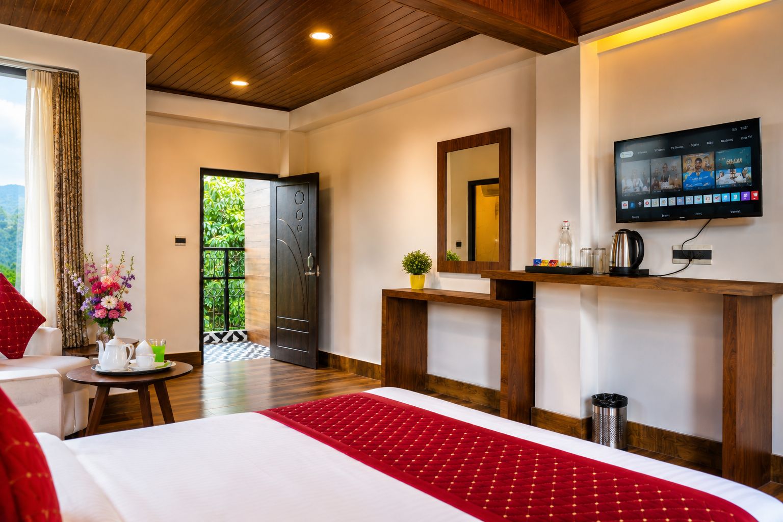 A hotel room with a bed, a TV, a coffee table, a mirror, and a door leading to a balcony.