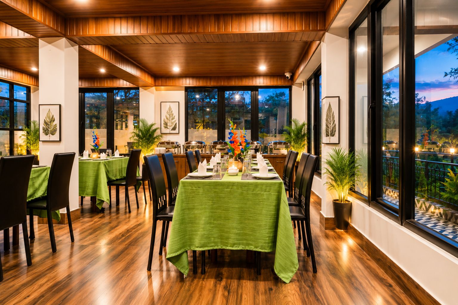 A restaurant with a long dining table set for a meal, surrounded by chairs, with a view of the outdoors through large windows.