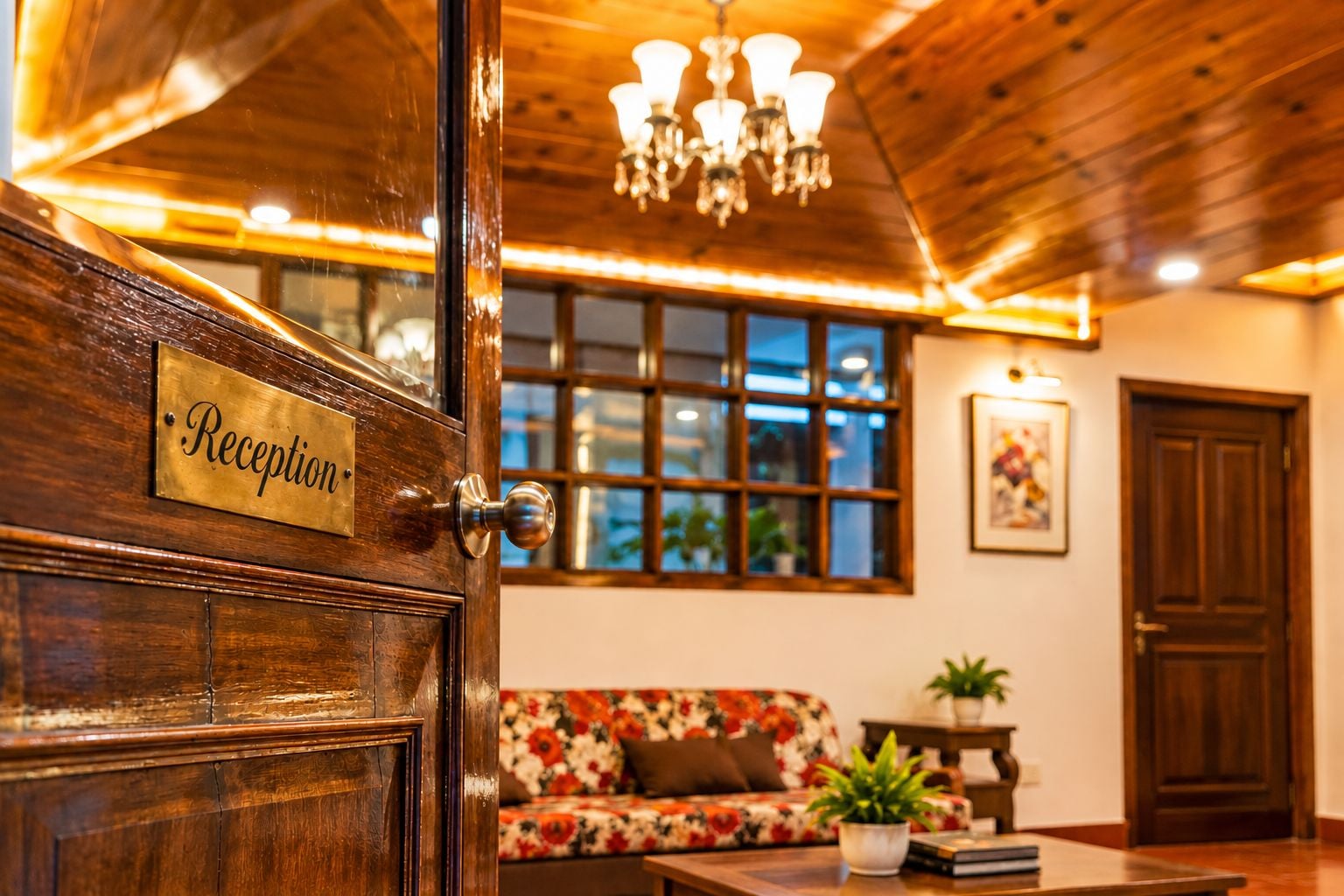 A reception area with a wooden door labeled 'Reception,' a chandelier, a floral sofa, and a potted plant.