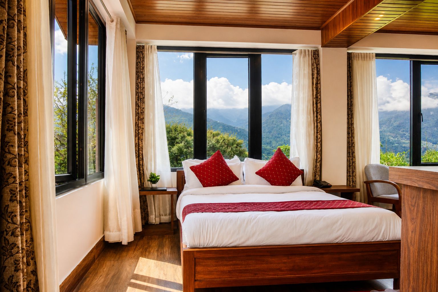 A bedroom with a large bed, two windows, and a view of mountains.