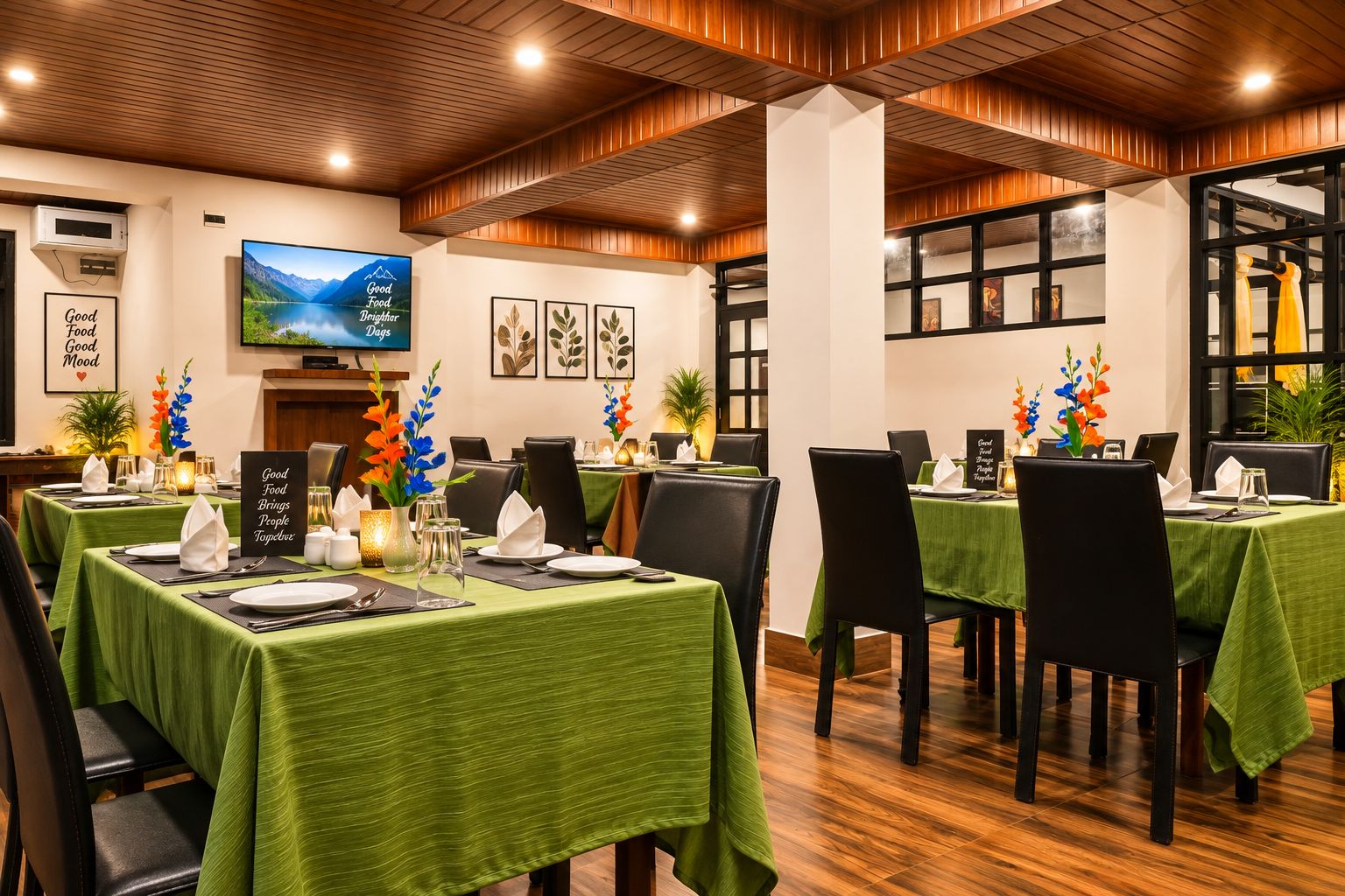 A restaurant with multiple tables set for dining, a television mounted on the wall, and framed artwork on the walls.