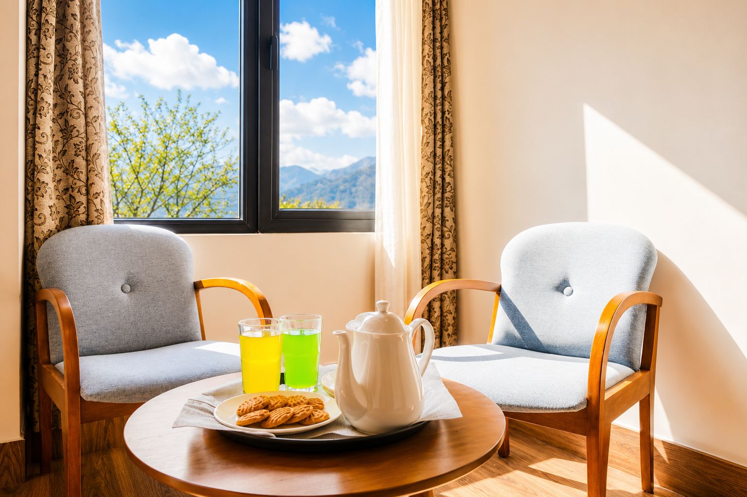 A room with two chairs, a table, a window with a view of mountains, and a tray with a teapot, glasses, and cookies.