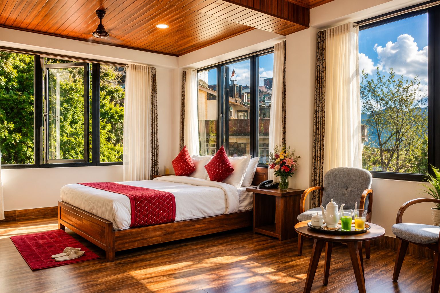 A hotel room with a wooden bed, a desk with a telephone and a vase of flowers, a chair, and large windows offering a view of greenery and buildings.