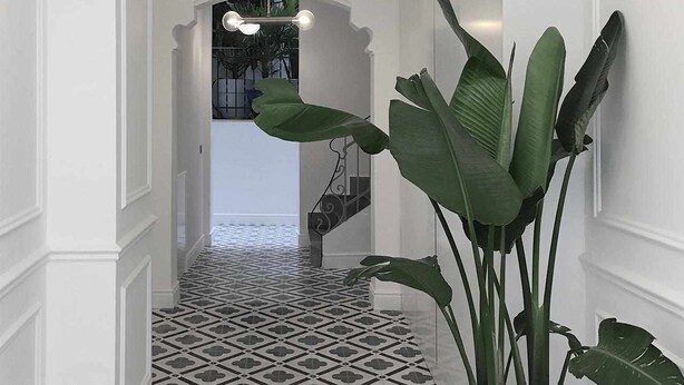 Um corredor com piso estampado, paredes brancas e uma planta.