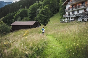 A person walking on a grassy path with a wooden cabin and a modern building with balconies and solar panels in the background.