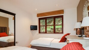 A bedroom with two beds, a television, a window with a view of greenery, and a lamp on a bedside table. - Lodge 22 Cherry (Wadebridge)