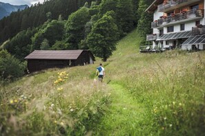 Un edificio con techo inclinado, una estructura de madera con techo metálico y un edificio moderno con balcones y paneles solares.