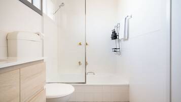 Hair dryer, towels, shampoo