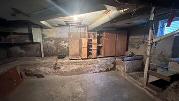 A basement with a wooden ladder, a fan, and a concrete floor.