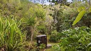 A small wooden structure in a lush garden with dense foliage and a bench. - Natural Age by Tiny Away (Bahrs Scrub)