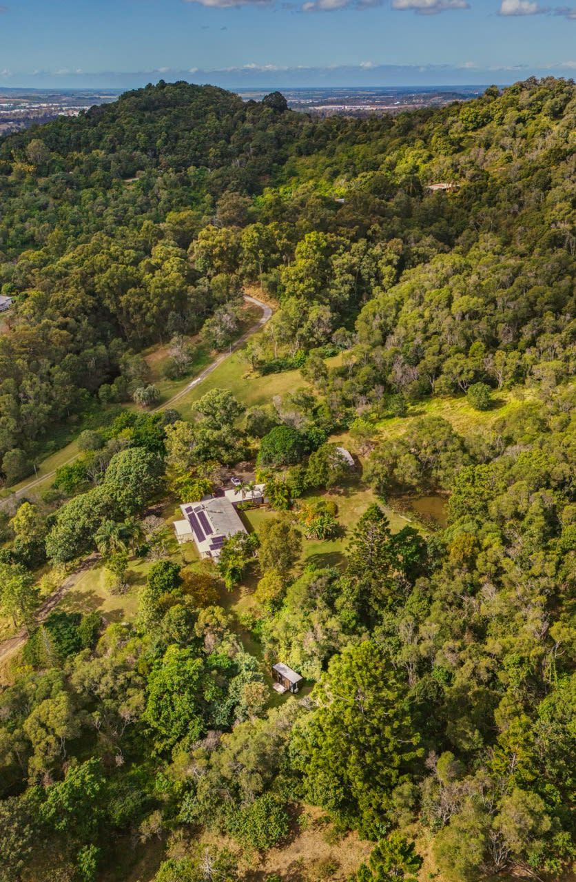 A remote, forested area with a small building, possibly a lodge or cabin, surrounded by dense trees and a clear sky.