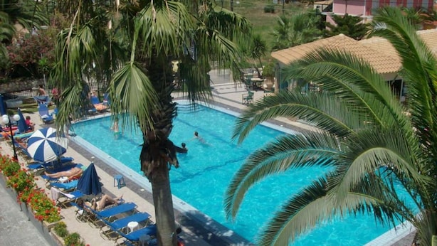 Una piscina rodeada de palmeras y sillas de descanso.