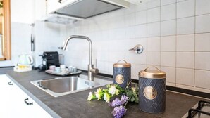 A modern kitchen with a stainless steel sink, a gas stove, and two decorative containers with handles.