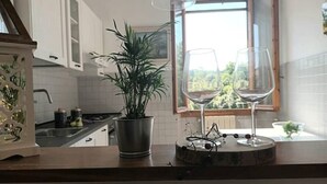 A kitchen with white cabinets, a potted plant, a wine glass, and a wine bottle on the counter.