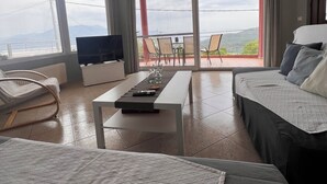 Een moderne slaapkamer met een groot bed, een televisie, een plafondventilator en een balkon met uitzicht.