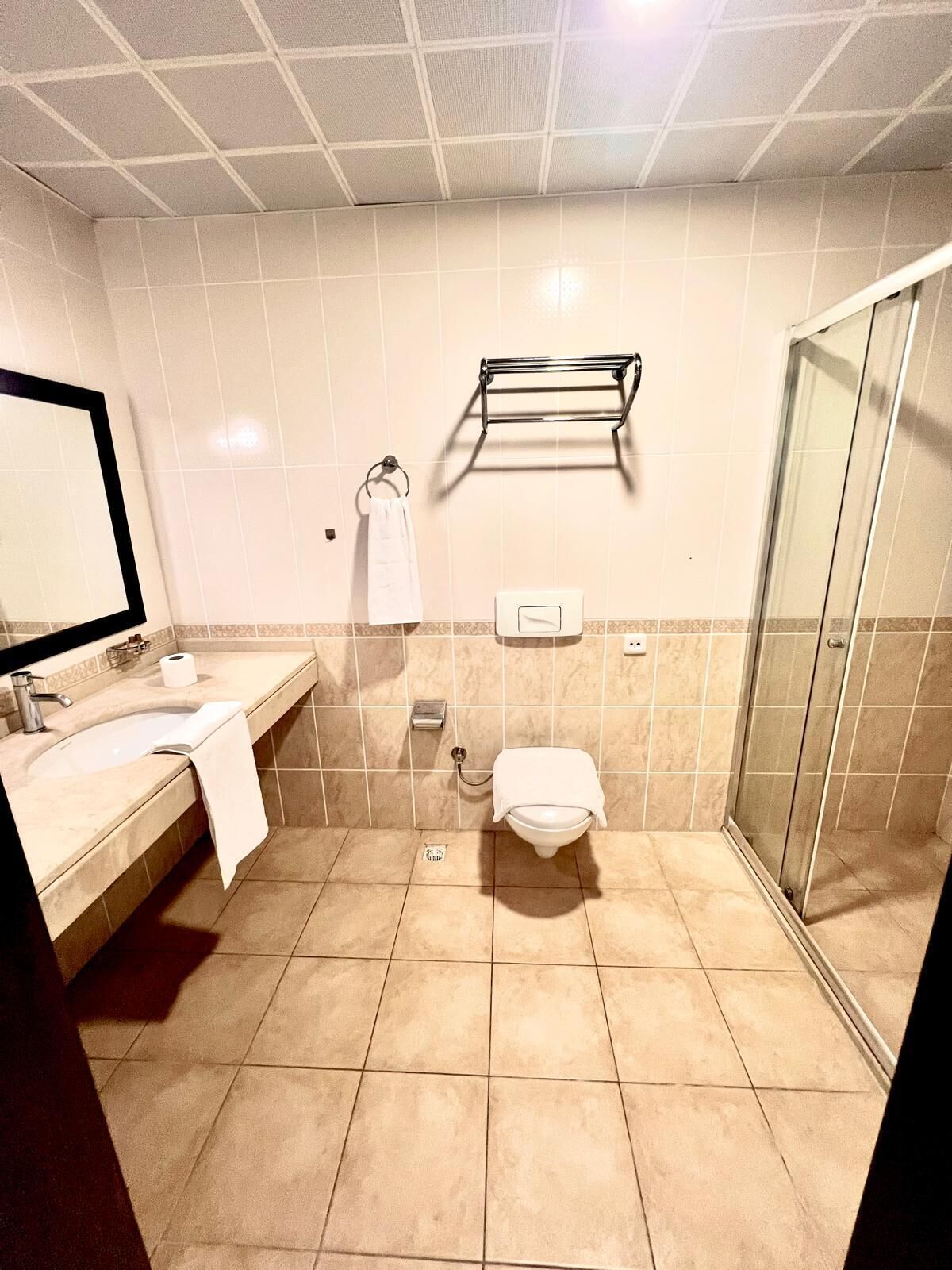 Rainfall showerhead, free toiletries, hair dryer, towels