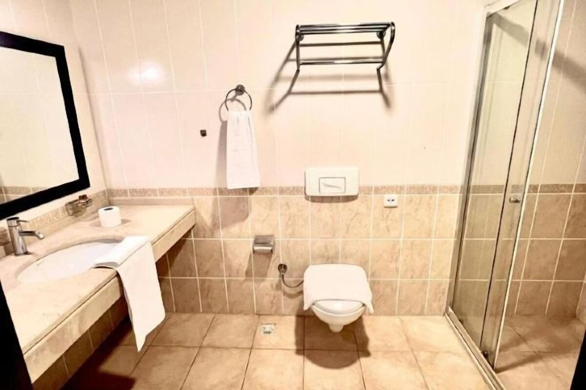 Ein Badezimmer mit Waschbecken, Spiegel, Handtuchhalter, Toilette und Duschbereich.