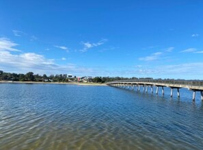 Spanning a serene body of water, this bridge offers a tranquil view of a nearby residential or commercial area.