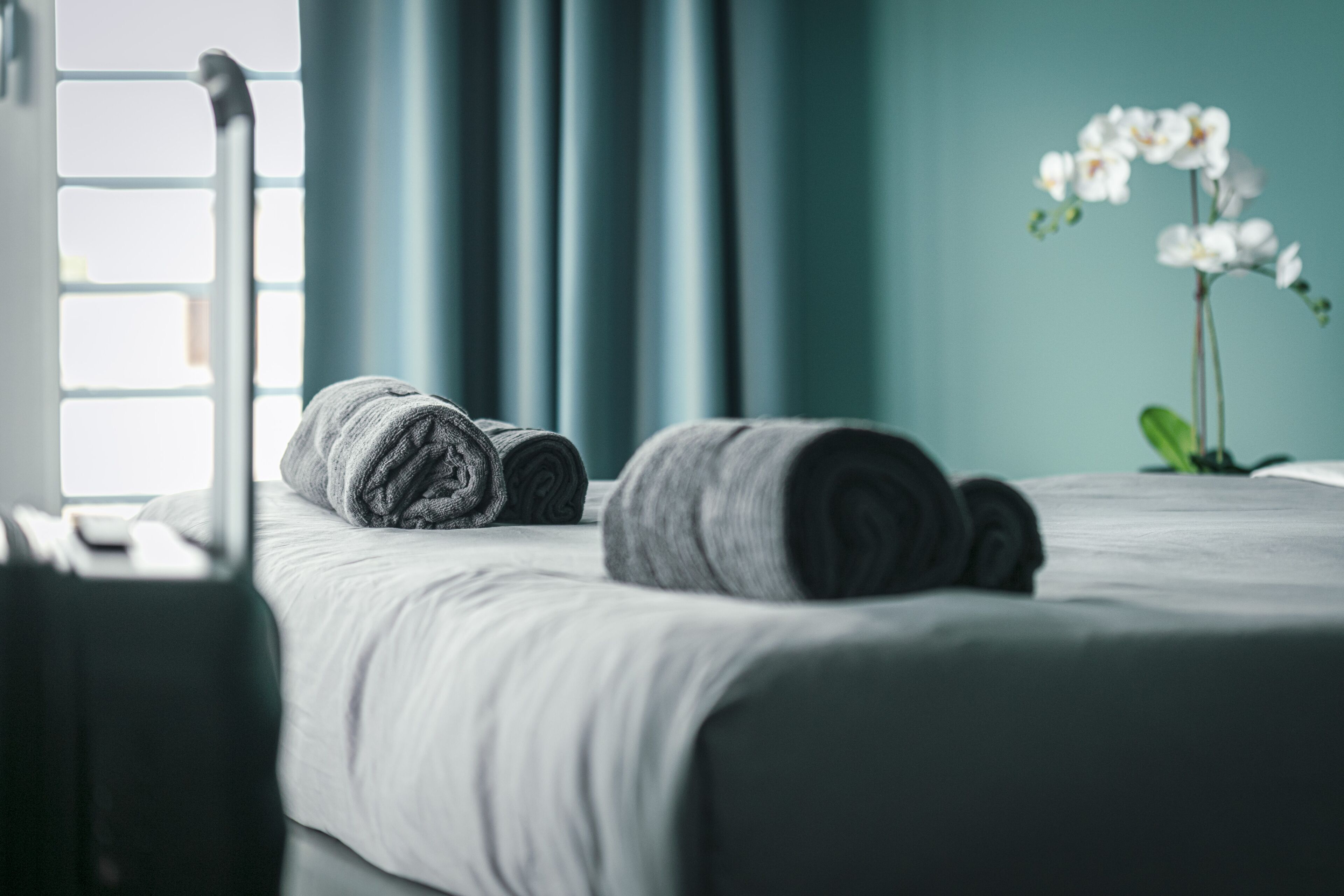 A neatly made bed with rolled towels, a suitcase, and a potted orchid on a bed in a room with teal walls and a window with blinds.