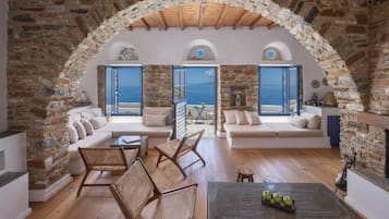 Villa, 2 habitaciones | Zona de estar | Una televisión de pantalla plana, una chimenea, libros