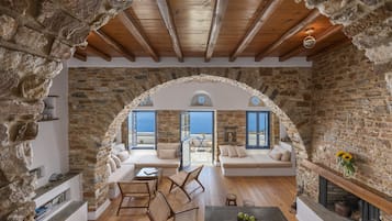 Villa, 2 habitaciones | Zona de estar | Una televisión de pantalla plana, una chimenea, libros