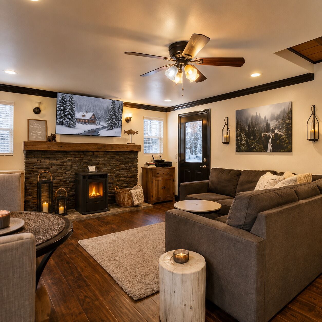 A cozy living room with a fireplace, a sofa, a coffee table, and a ceiling fan.
