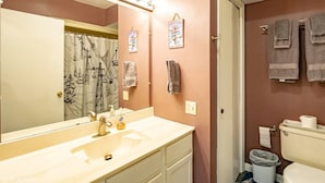 A bathroom with a vanity, sink, mirror, and towel rack. - Salty Peaks - Slopeside C301 (Tucker County)