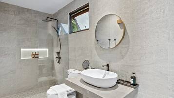 Shower, hair dryer, bidet, towels
