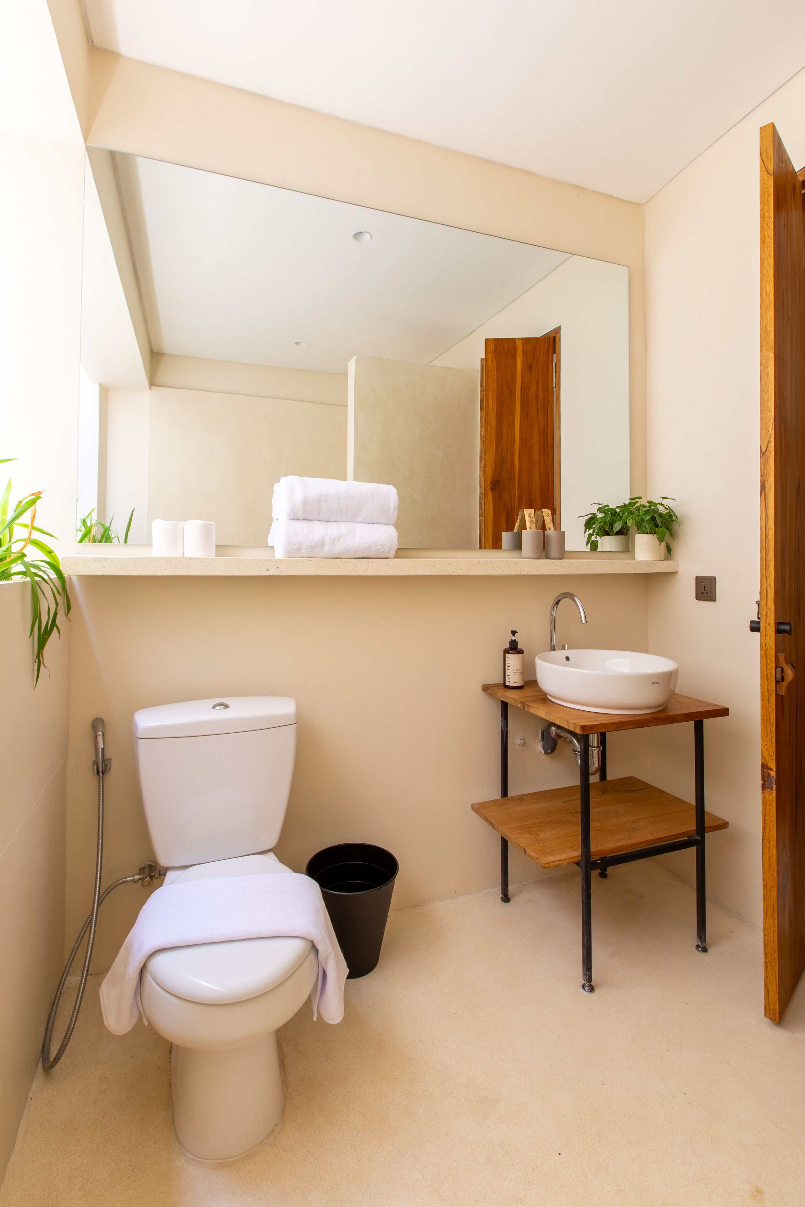 Un baño moderno con un inodoro blanco, un tocador de madera con un lavabo, un espejo y una pequeña planta.