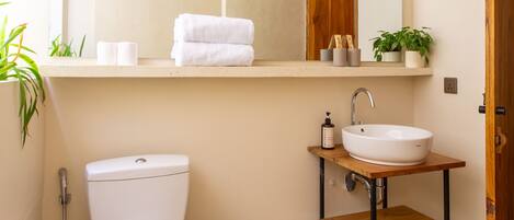 A modern bathroom with a white toilet, a wooden vanity with a sink, a mirror, and a small plant.