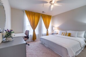 5 bedrooms, desk, laptop workspace, iron/ironing board
