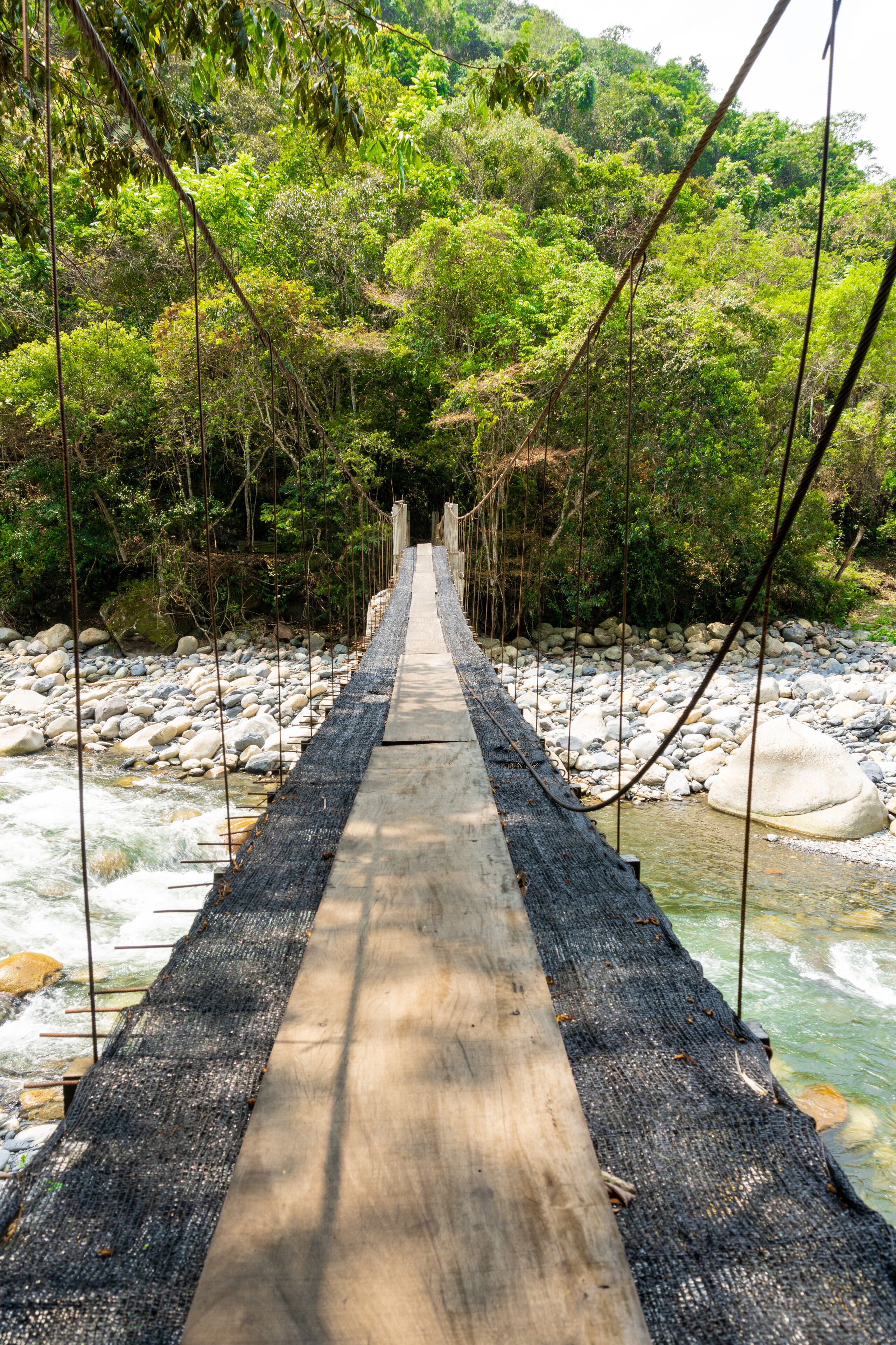 A suspension bridge over a river with a rocky riverbed and dense greenery on either side.