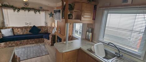 Cabin | Private kitchen | Fridge, microwave, oven, stovetop