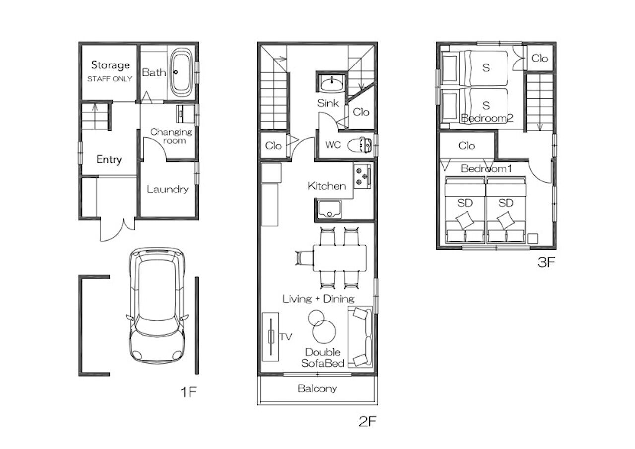 Grundriss eines Hotels mit Lagerraum, Umkleideraum, Eingang, Waschküche, Küche, Wohnbereich mit Essbereich, Fernseher, Schlafsofa und Balkon.