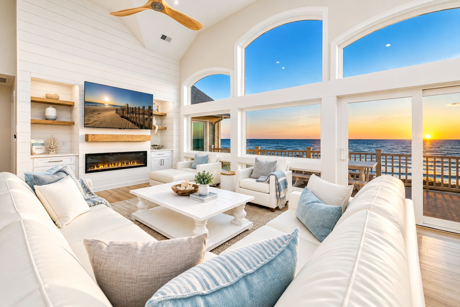 Un salon spacieux doté d’une cheminée, de sièges confortables et d’une grande fenêtre donnant sur l’océan, avec une vue imprenable sur le coucher de soleil.