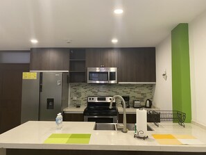 Fridge, microwave, oven, stovetop