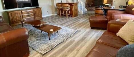 Smart TV, fireplace, video games, DVD player