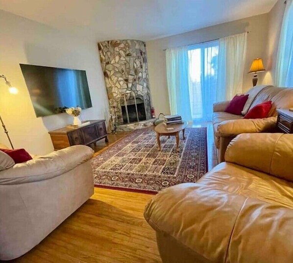 Smart TV, fireplace, video games, DVD player