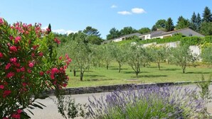 A residential area with a row of houses, a paved walkway, and a variety of trees and shrubs. - Maison Entre Rivière et Village (Vallon-Pont-d'Arc)