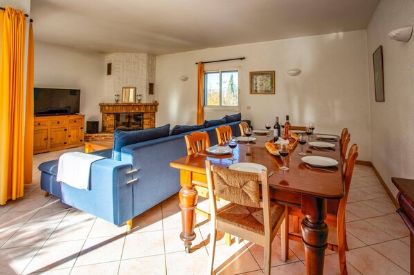 A spacious living room with a blue sofa, wooden dining table, and chairs. There is a fireplace, a television, and a window with curtains. - Villa Des Alberes by Villa Plus (Laroque-des-Albères)