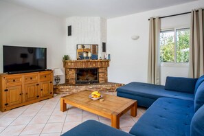 A living room with a fireplace, a television, a sofa, and a coffee table.