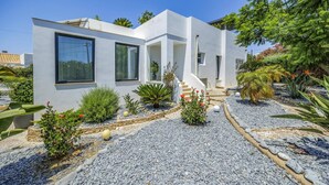 A modern white house with large windows, a stone pathway, and tropical plants.