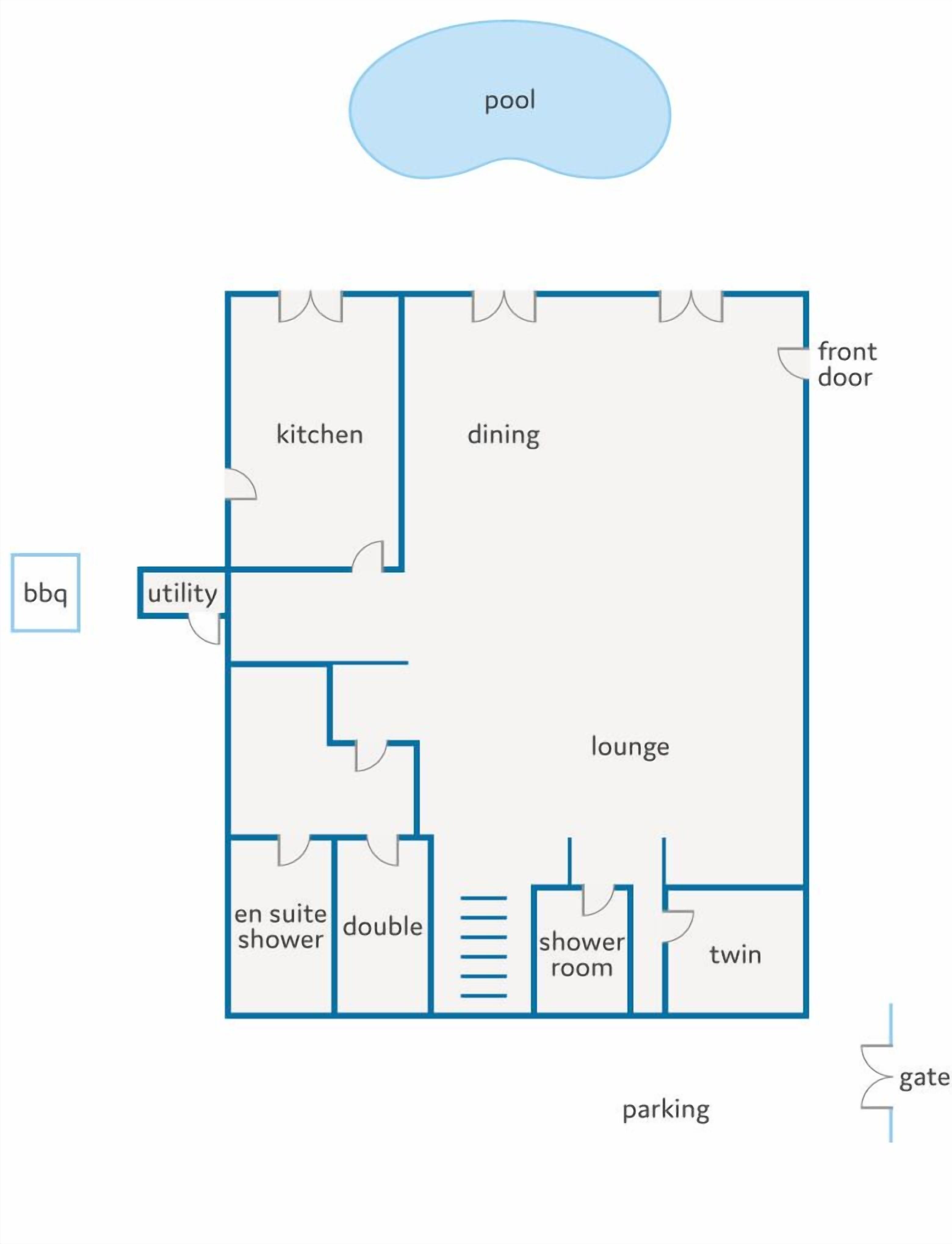 Un plan d’étage comprenant une piscine, une cuisine, une salle à manger, un salon, une salle de bain attenante, une chambre double, une chambre avec deux lits simples et un espace de stationnement.