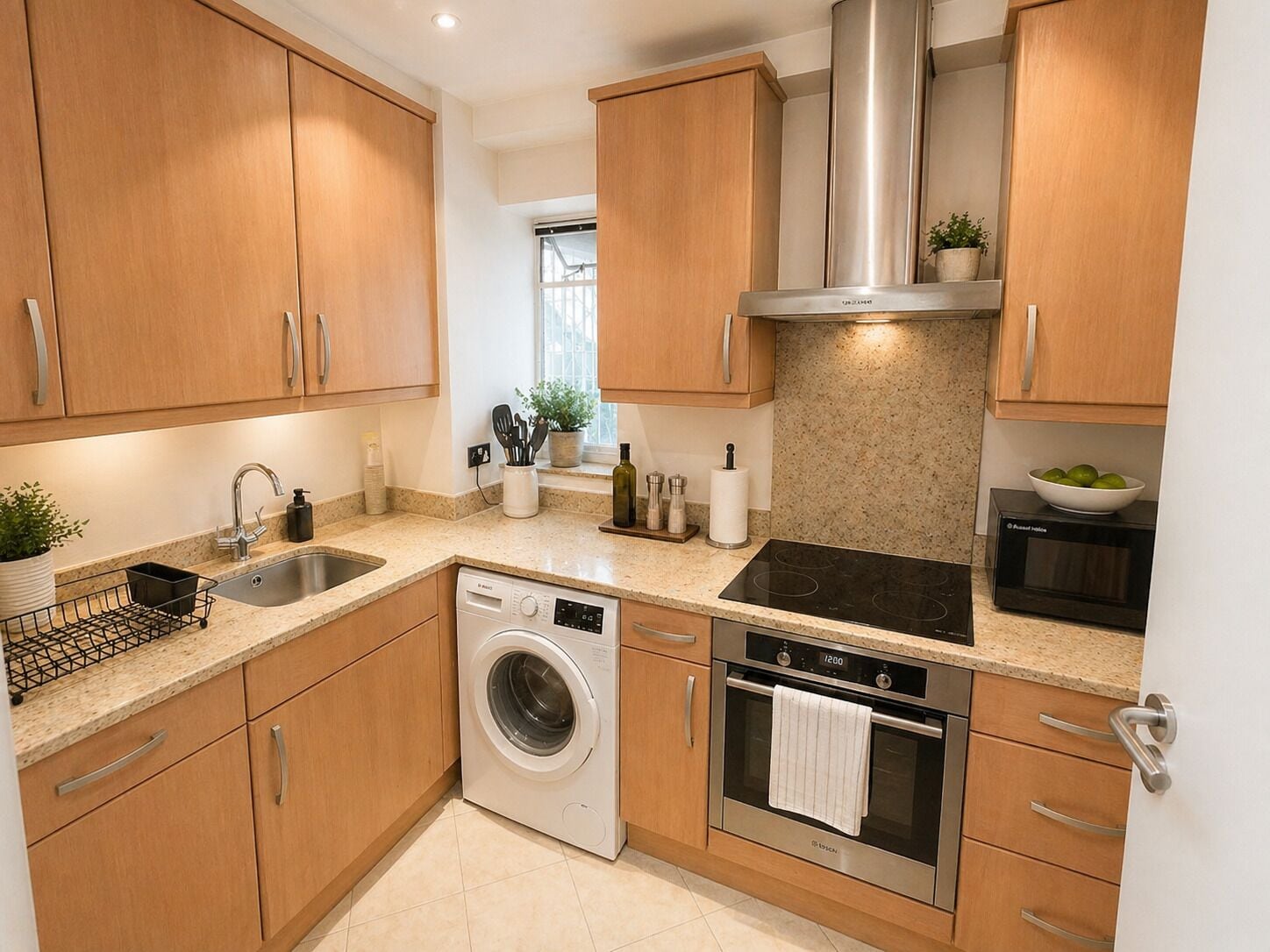 A modern kitchen with wooden cabinets, a stainless steel range hood, a built-in washing machine, and an oven.